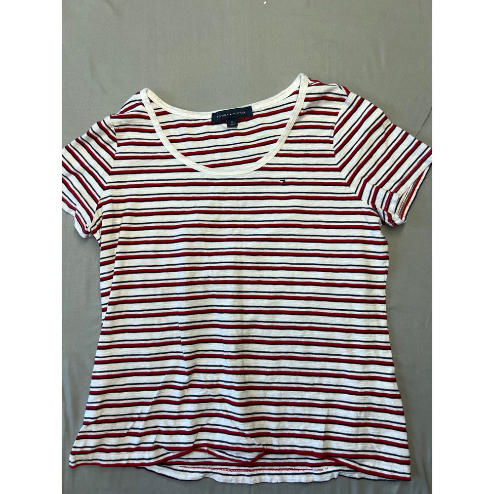 Tommy Hilfiger Womens Red White Blue Striped Cotton Scoop Neck T-Shirt Medium